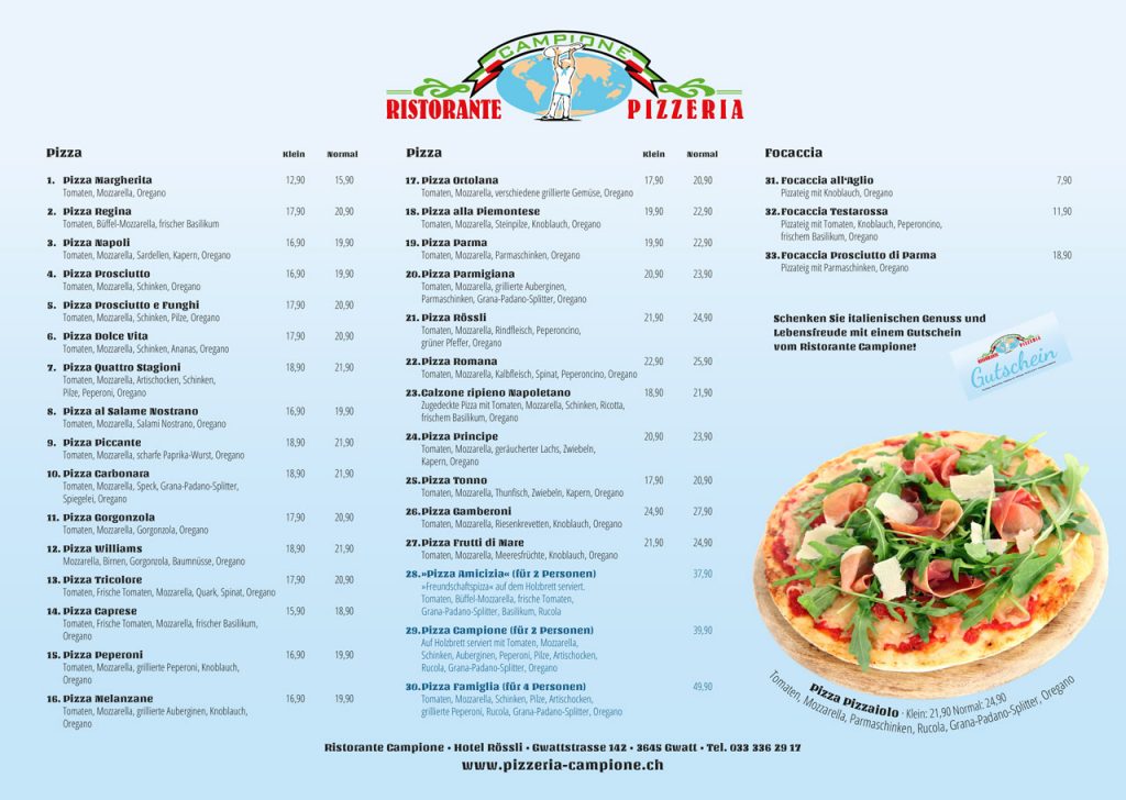 Pizzakarte - Ristorante Pizzeria Campione - Hotel Rössli